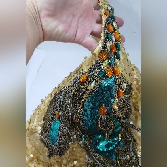 Nina Canacci Gold Peacock Sequin Beaded Dress Rhinestones - Picture 3 of 4
